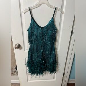 Teal Feather and Sequin Formal Dress